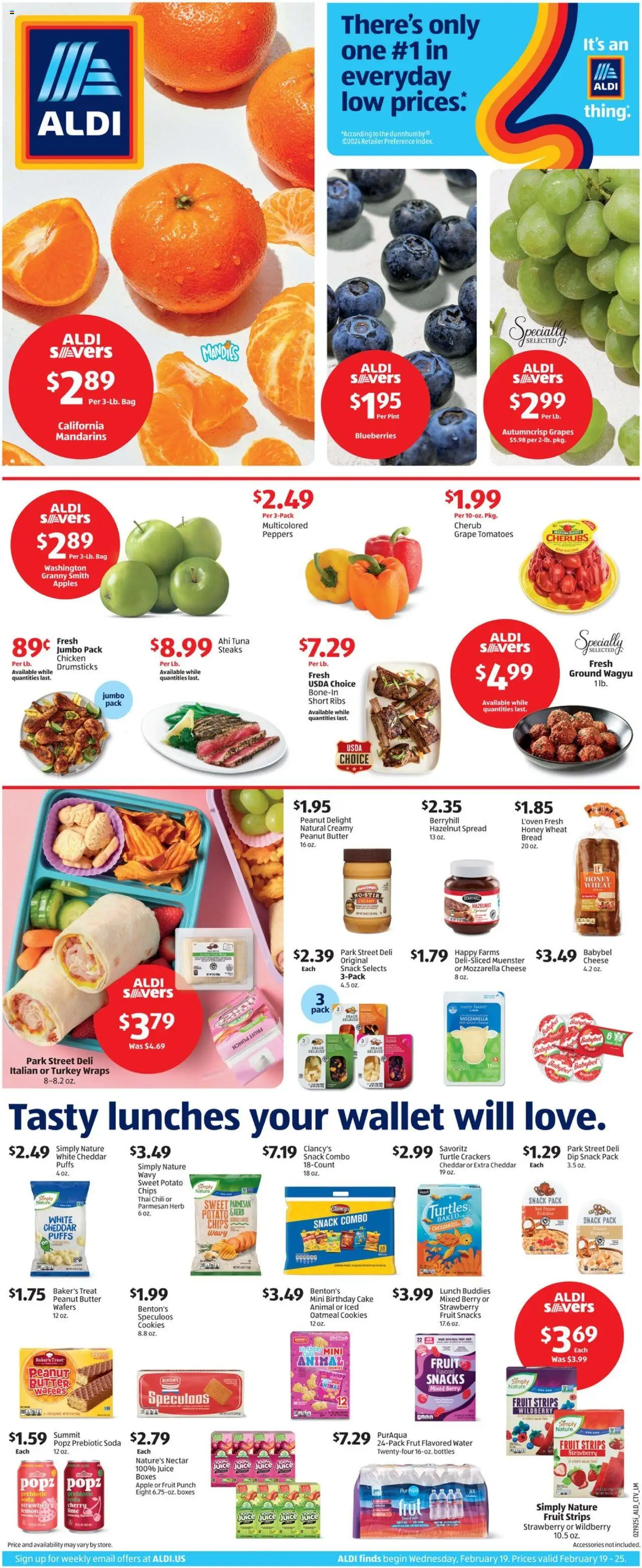 Aldi Weekly Ad from 02/19/2025 - Flyer, Sales ad - Page number 1 - Cheese, Bread, Apples, Chips, Cookies, Water, Blueberries, Wallet