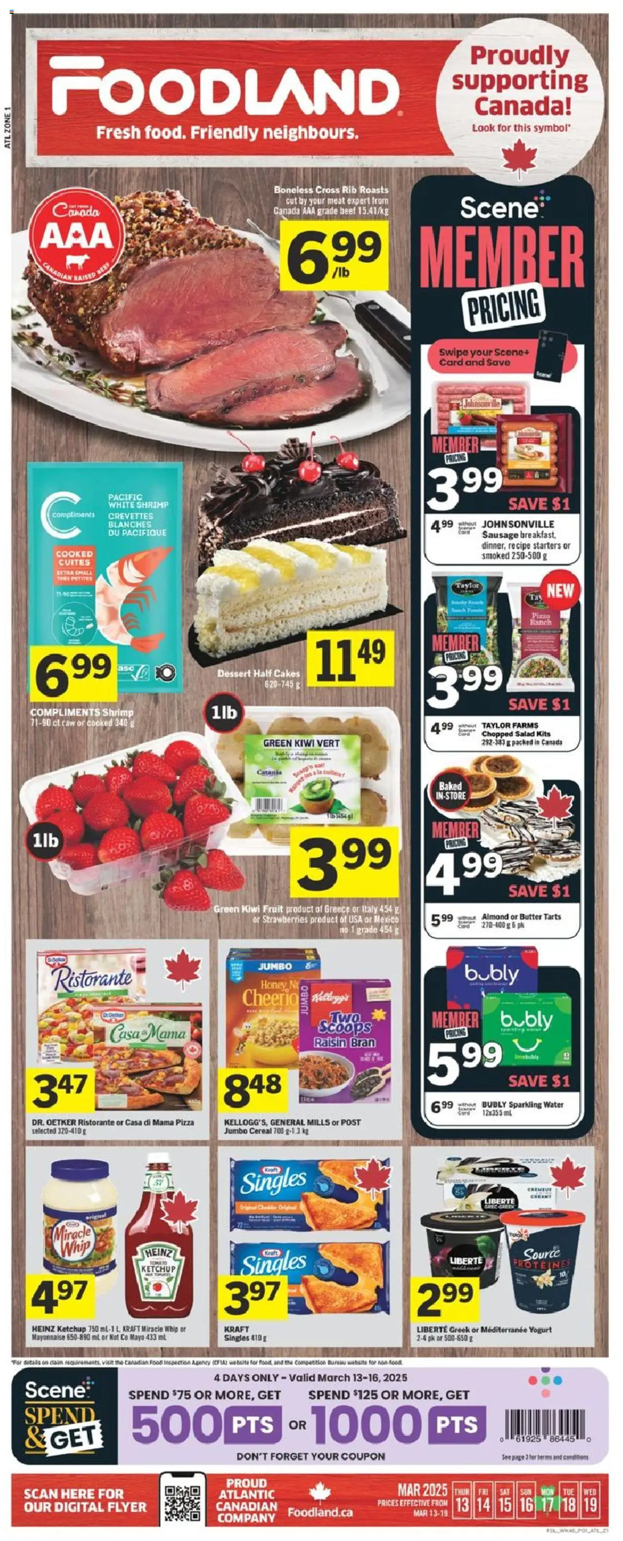 Foodland flyer valid from Mar 13, 2025 - page number 1 - Butter, Yogurt, Pizza, Beef, Strawberries, Ketchup, Kiwi, Salad