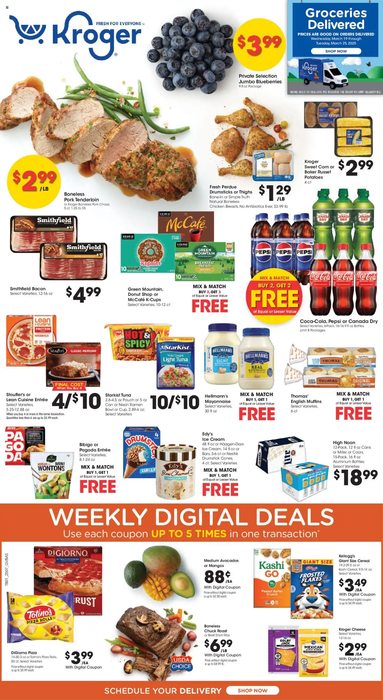 Kroger Weekly ads from 03/19/2025 >> Ad for next week - Page number 1 - Cheese, Flakes, Potatoes, Mayonnaise, Drumsticks, Pork tenderloin, Protein, Vanilla