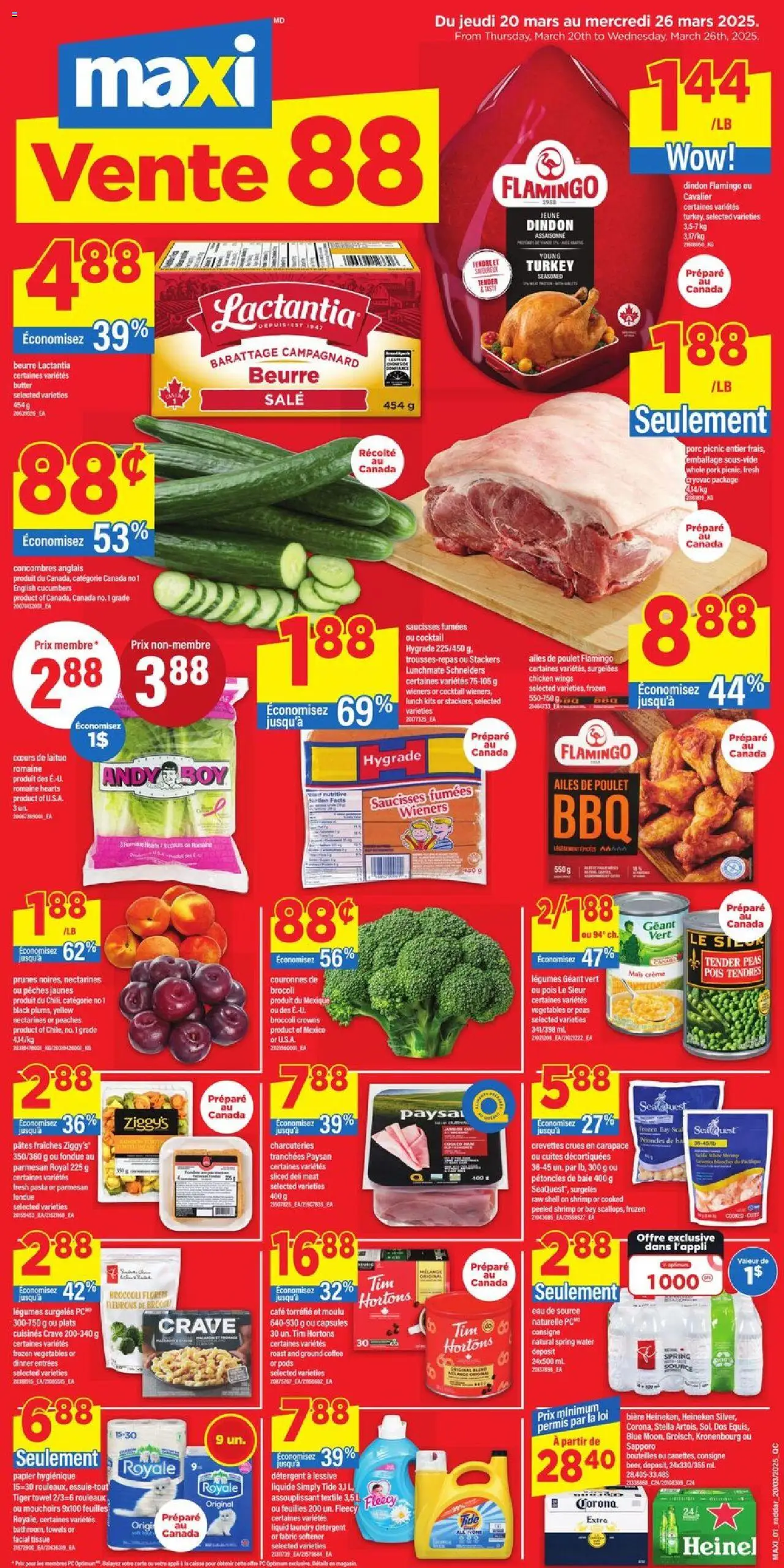 Maxi flyer valid from Mar 20, 2025 - page number 1 - Butter, Pork, Chicken wings, PC, Turkey, Cocktail, Roast, Towels