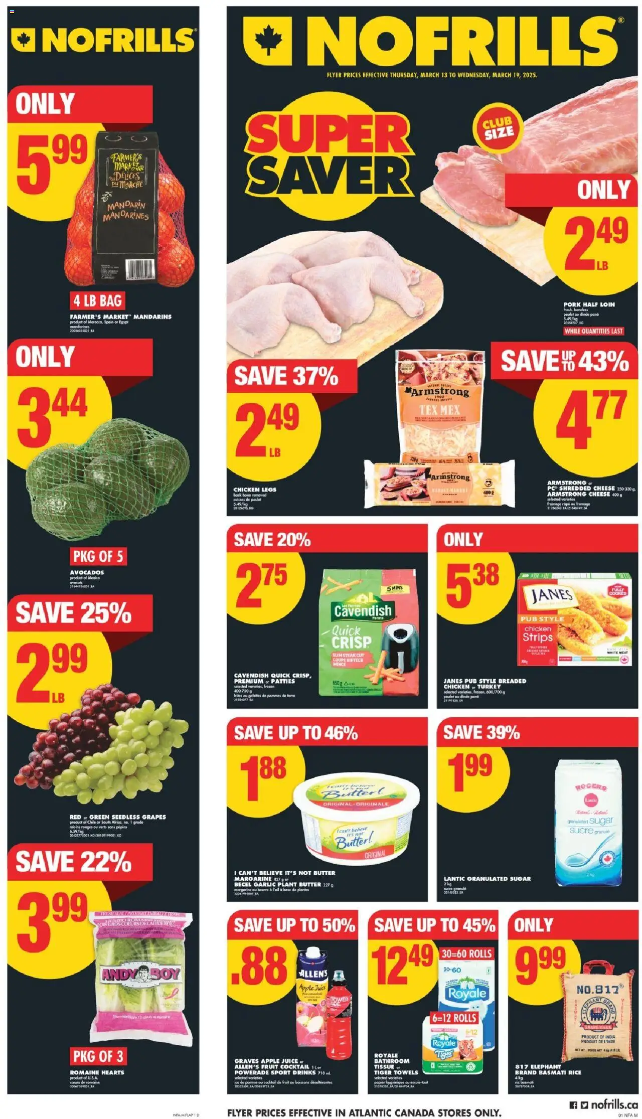 No Frills flyer valid from Mar 13, 2025 - page number 1 - Butter, Cheese, Chicken, Pork, Rice, PC, Bag, Turkey