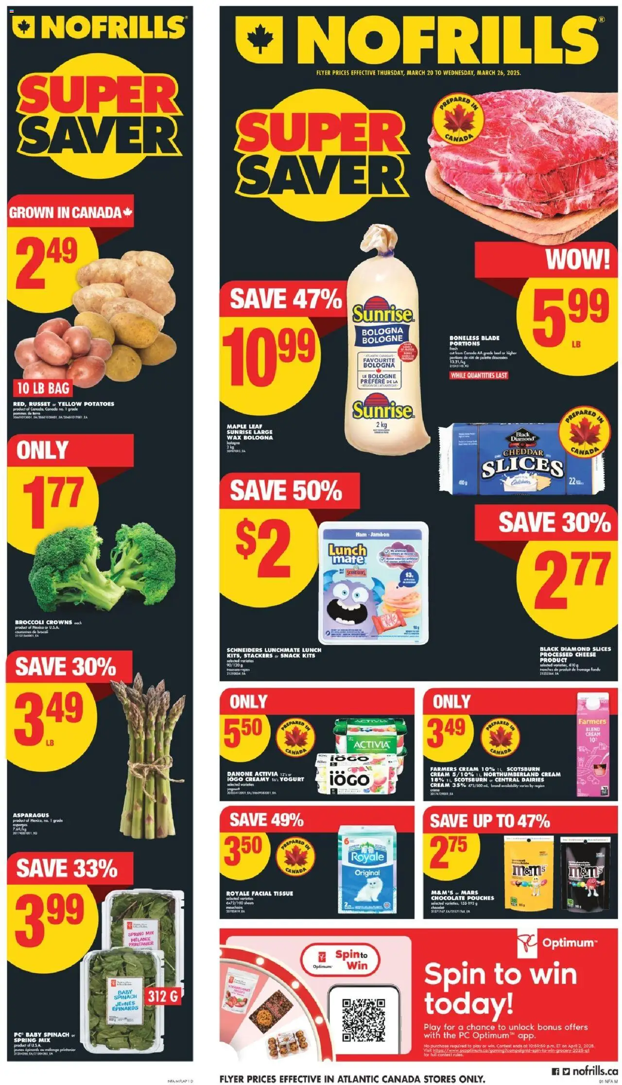 No Frills flyer valid from Mar 20, 2025 - page number 1 - Cheese, Beef, Cream, PC, Bag, Potatoes, Broccoli, Processed cheese